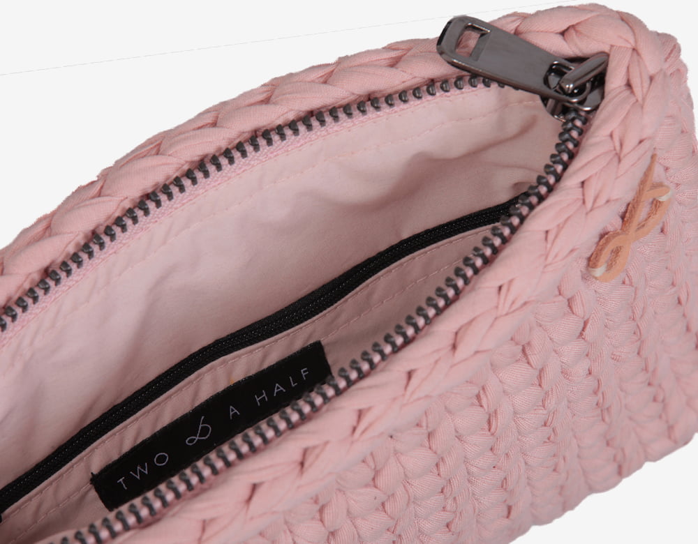 Ροζ V μίνι πλεκτή τσάντα / Καφέ χερούλι καρπού ||Γυναικείες Τσάντες